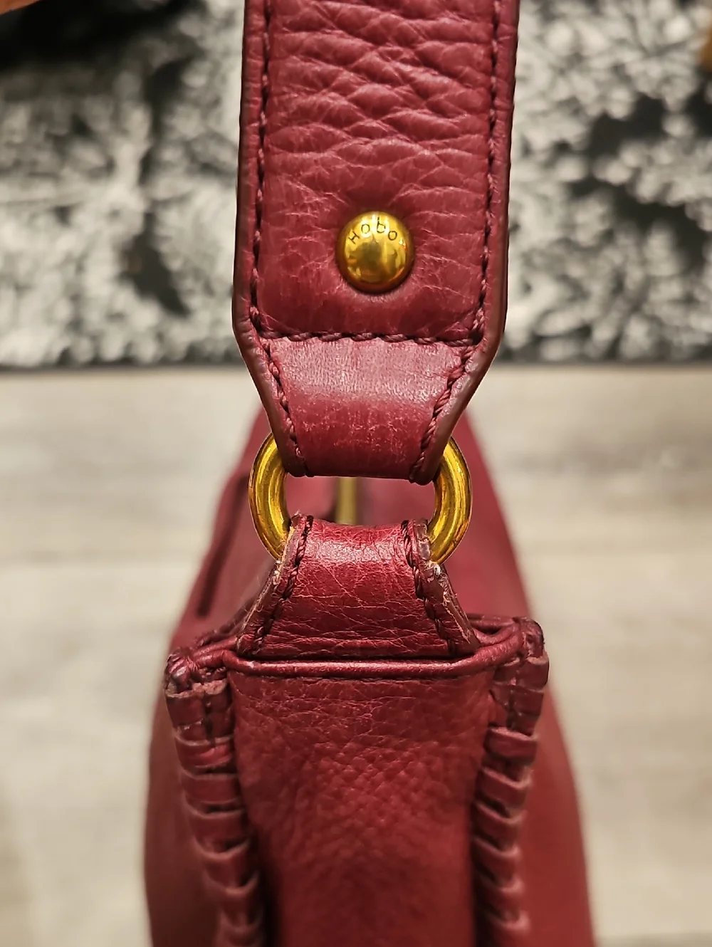 C- HOBO Burgundy Leather Shoulder Bag Whipstitching & Tassel (Medium/Large Size)